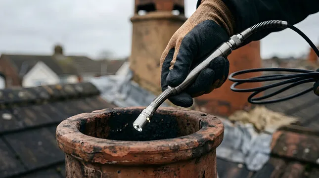 Gloved hand lowering an inspection camera into a sooty clay chimney pot