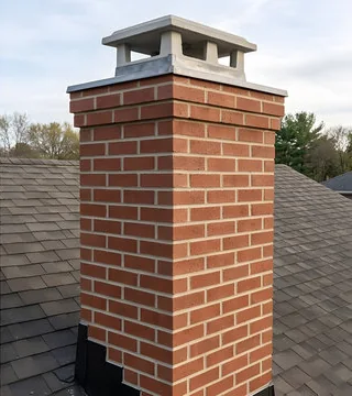 After: chimney rebuilt in new red brick with a concrete crown and a white cap