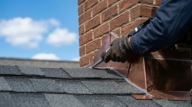 Sealing new copper flashing where a brick chimney meets roof shingles