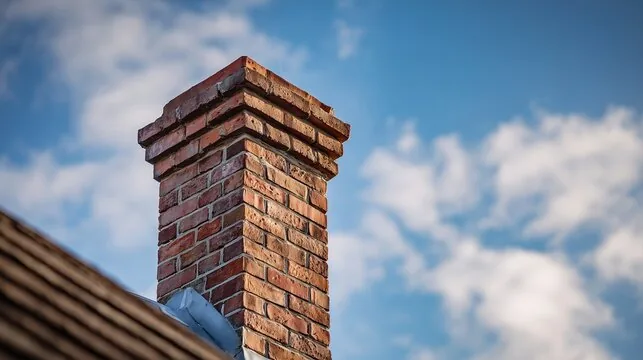 Corbelled red brick chimney top against a blue sky