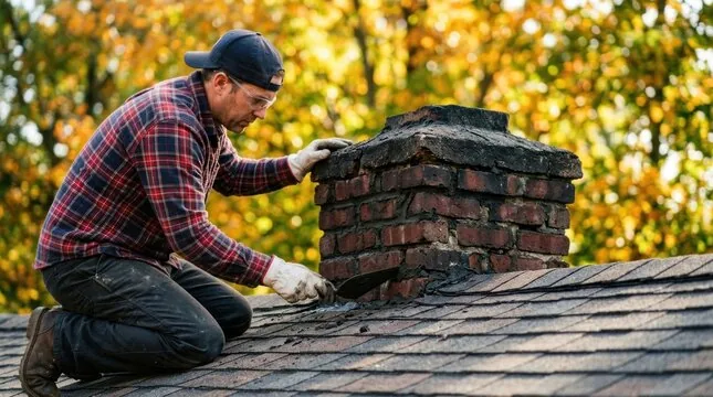 Mason kneeling on a shingle roof checking a weathered chimney crown