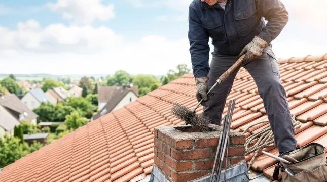 Sweep with brush and rods at a brick chimney on a clay tile roof